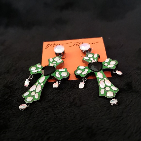 Brand New Betsy Johnson Cross Earrings w/ Iridescent "Stones" & Gem Heart Glows - Picture 2 of 8